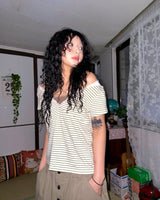 (3color) Lace Stripe Hood Short Sleeve Tee