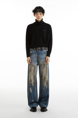 Wasteland Fitter Oil-stained Dirty Fit Straight-leg Hole Jeans