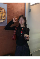 レッドボウスリットロングスリーブニットシャツ