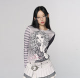 CONFUNオリジナルスリムフィットラウンドネックキュートガールプリントカラーブロックベースシャツ