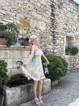 ROSE ISLAND Matcha Peach Dew Bowknot Halter Neck Light Pink Contrast Mint Green Old-fashioned Floral Dress