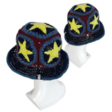 Cotton Linen Raffia Crochet Bucket Hat with Brim and 5 Granny Square Star Patches