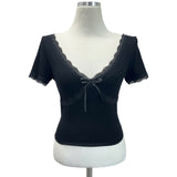🤍Mist Ribbon Lace V-neck Short Sleeve T-shirt (2 colors)