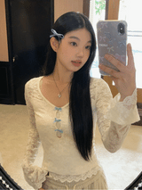 レースブルーリボンツーピース長袖Tシャツ