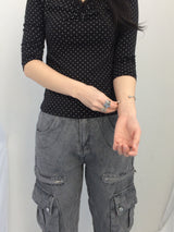 Lace V-Shirring Dot Top
