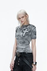 ディストレスト クロス スタッズ Tシャツ