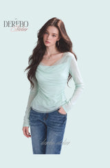 Mint chiffon mesh shirring long-sleeve tee