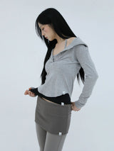 SLIM LONG BUTTON HOODIE TOP(GREY)