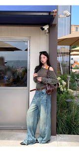 ルーズフィットオフショルダーレイヤードセットロングスリーブTシャツ