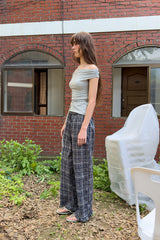 CHECK FRILL PANTS - NAVY