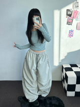 フリース❤サイドシャーリングストライプクロッピードロングスリーブTシャツ 🧸🤎🩶🩵3カラー