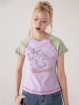 Contrast color printed round neck short sleeve T-shirt