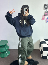 フリース🔥ハットプリンティングレタリングタトゥーパッチビッグフーディー 💙🩶🤎3COLOR
