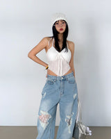 Lace torn jeans. Wide jeans