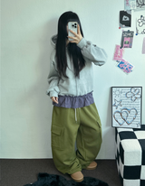フリースピカブルー❤ベーシックワイドカーゴバルーンロングパンツ💚💙🖤🩶🤍5カラー