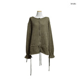 (3color) Ribbon Flare Shirring Loose-Fit Knit Cardigan