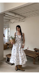 Blue Flower Cotton Sleeveless Long Dress