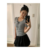 ribbon frill sweet short-sleeved knitwear