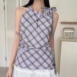 Cure Purple Check Ribbon Lace Sleeveless Blouse