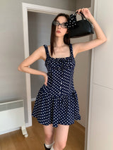 Navy Dotted Square Neck Flared Dress