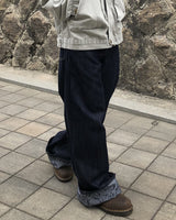 ジャカンフラワーロールアップワイドデニムパンツ