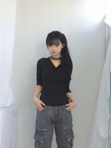 Lace V-Shirring Dot Top