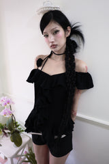 ローズコサージュフリルトップ (Black/Beige)
