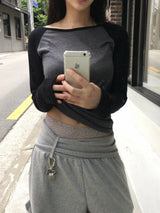 See-through Slim Off-Shoulder Raglan T-Shirt (3c)
