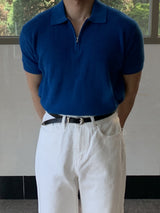 Loose Hacci Half Zip-Up Knit Short Sleeve