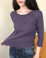 Hena Diagonal Button 7-Sleeve T-Shirt