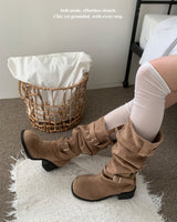 Rustle Buckle Strap Soft Slouch Suede Long Boots