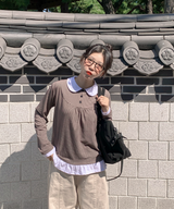ラウンドカラーストライプフリルTシャツ