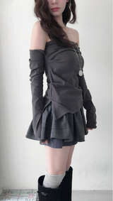 cardi shirring off-shoulder warmer + top set