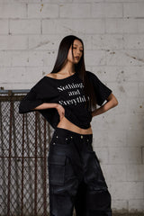レタリングオーバーサイズワンショルダーTシャツ-ブラック