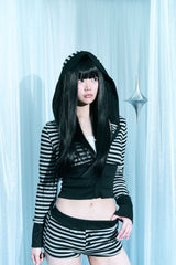 Stripe cropped hooded zip-up shot pants set-up two-piece