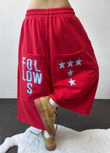 Graff Hot Star Letter Tattoo Patch Wide Balloon Bermuda Shorts
