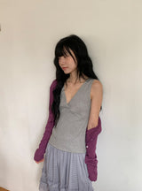 Ichi Deep V-Neck Lace Ribbed Wrap Sleeveless
