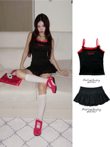 Red bow lettering lace sleeveless t-shirt