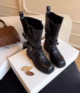 Vintage-Style Genuine Lambskin Mid-Calf Biker Boots with Belt Detail