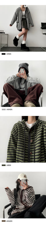 Depot Loose Stripe Hooded Knit Cardigan