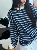 STRIPE OVER BOXY BOYFRIEND LONG SLEEVE T SHIRT ❤💚🩵🧸4COLOR
