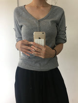 Chloe Button Roll Up 3/4 sleeve 2-Way Vneck (5c)