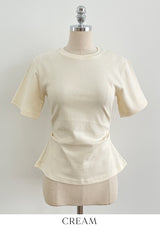 Linda Round-Neck Shirred Slit Short Sleeve T-Shirt