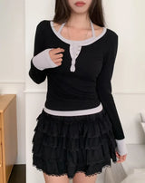 Newz Two-Tone Halter Layered Long Sleeve
