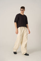 ケーブルウォッシング半袖ニット - Navy