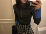 Page Unbalanced Button Color Block 長袖ニットカーディガン (3 Colors)