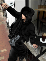Deep Black Semi-Crop Fur Silver Winter Jumper Jacket - Deep Black