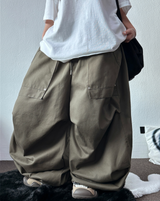 フロントツーリベットポケットバルーンパラシュートコットンビッグパンツ💚🩶🖤🤎 - 4 カラーズ