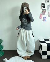 SHEEP FLEECE 🐑🧸 SNAP TRACK 3 LINE PARACHUTE LONG WIDE PANTS 🩶🖤 2COLOR