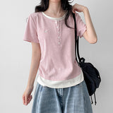 Loose Slim Fit 💫 Coloring Layered U-Neck Shirring Button Daily T-Shirt (6 colors)